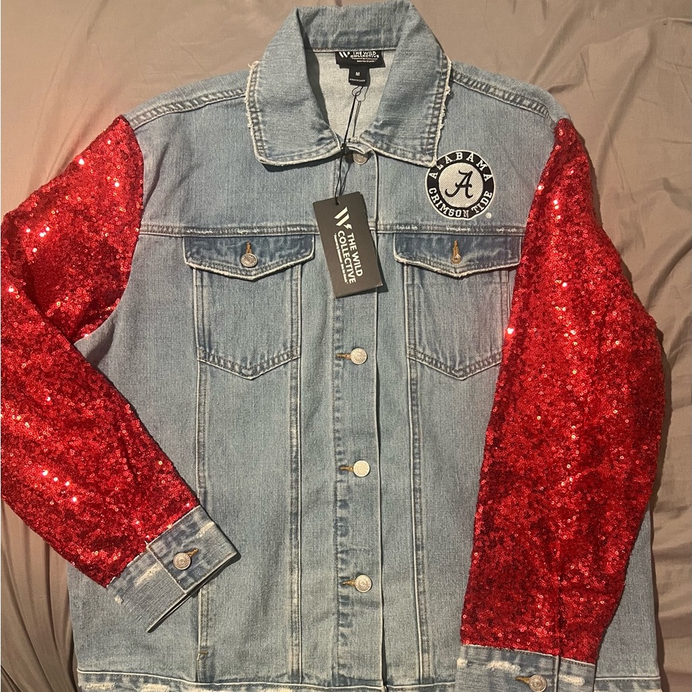 ALABAMA CRIMSON TIDE Wild Collective Blue Jean Jacket Red Sequence Sleeves NWT